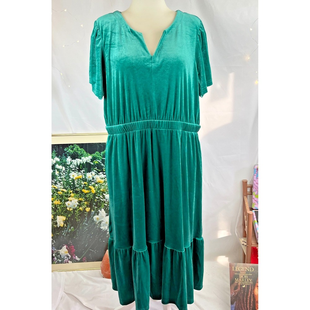 Terra & Sky Teal Green Velvet Midi Dress 1X Babydoll Pockets VNeck Ruffle Tiered
